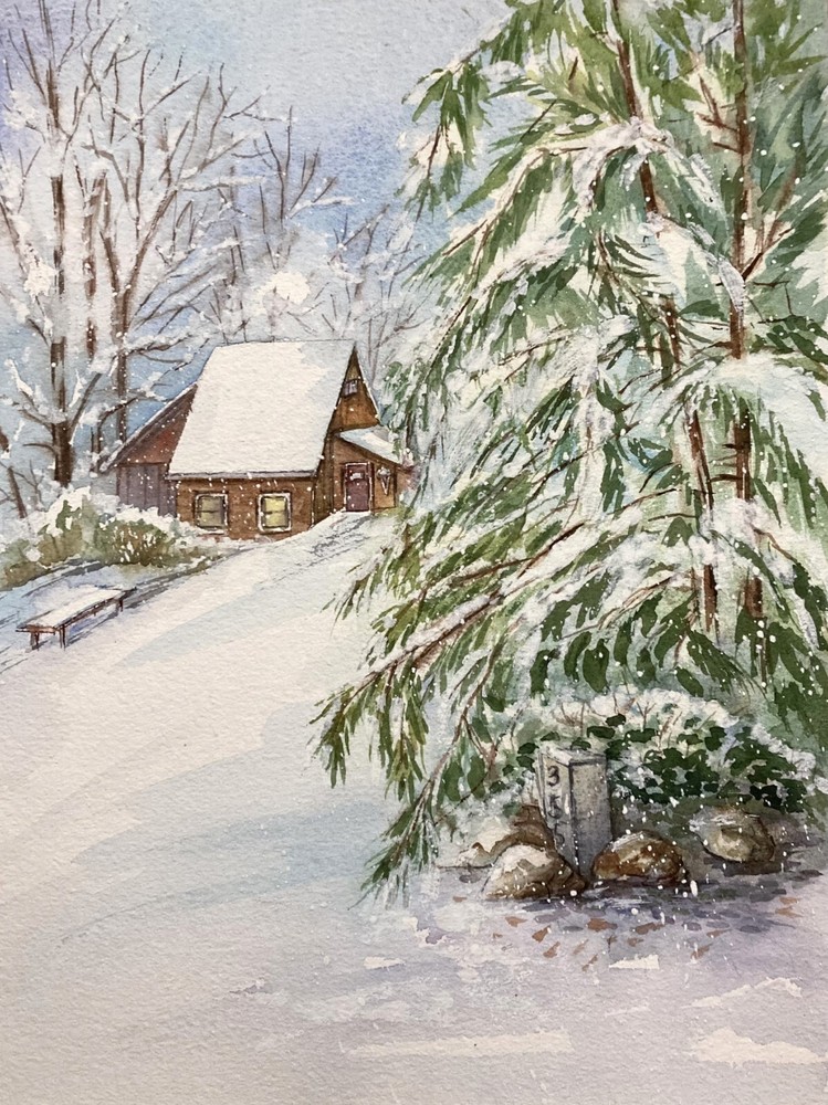 Original Snowy Village Watercolor Painting – Winter Scene Artwork