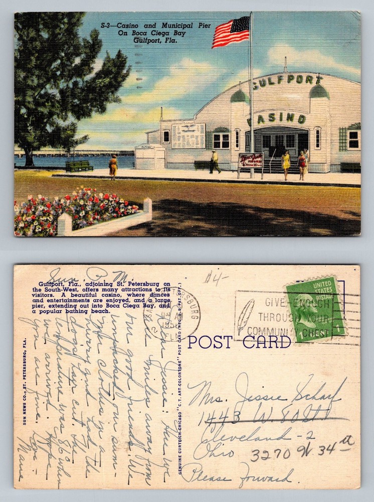 Gulfport, FL-Florida, Casino Muni Pier Boca Ciega Bay Vintage c1956 Postcard