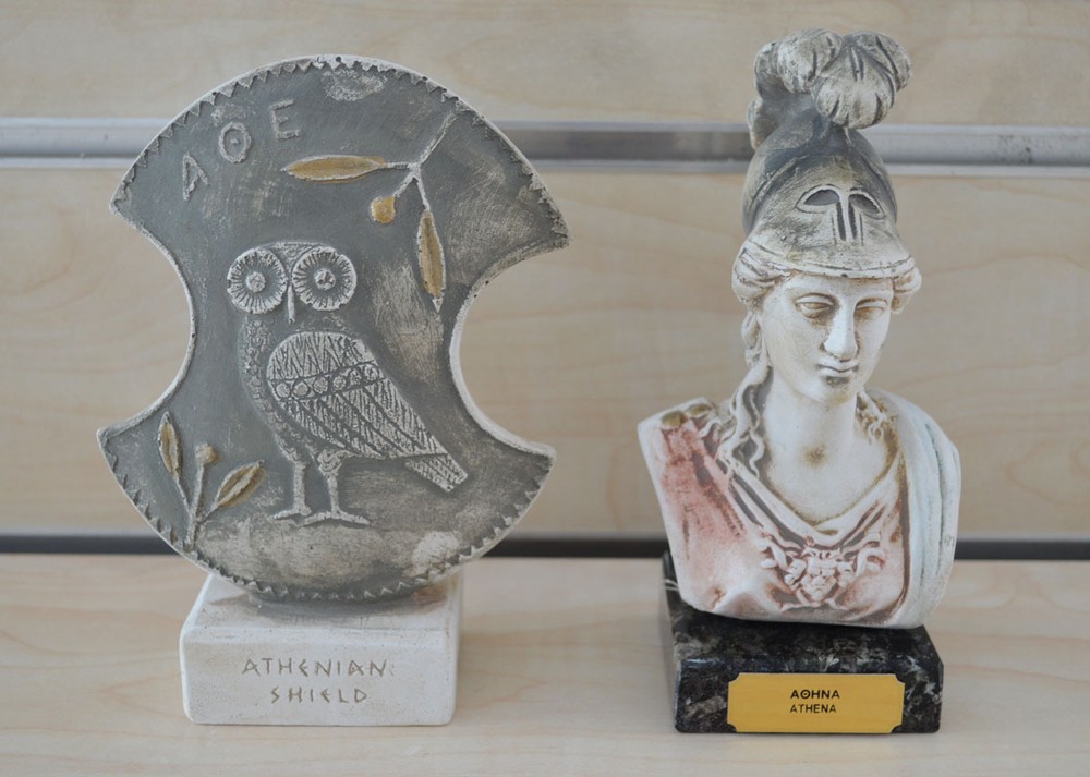 Athena owl shield sculpture set artifacts