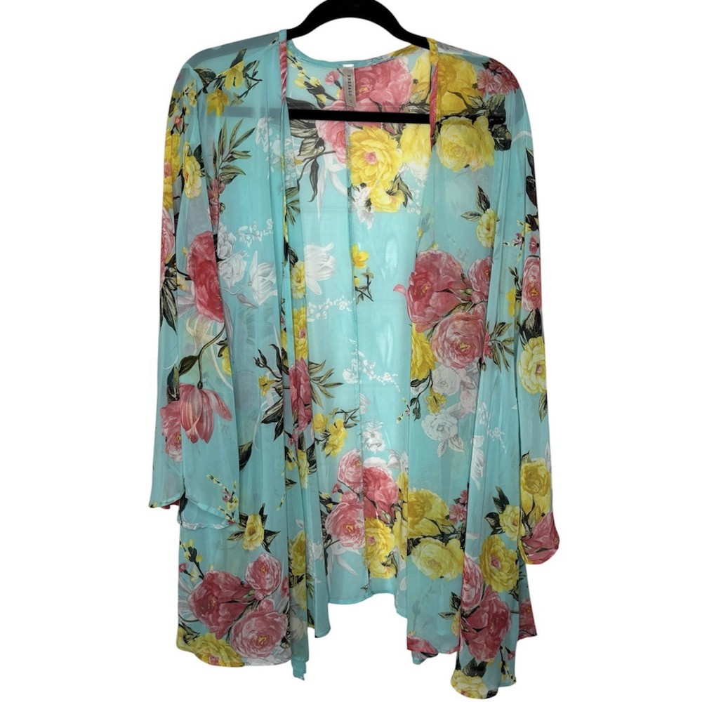 Emerald Mint/Aqua Floral Sheer Open Front Kimono Cover-Up Lightweight Size 1X