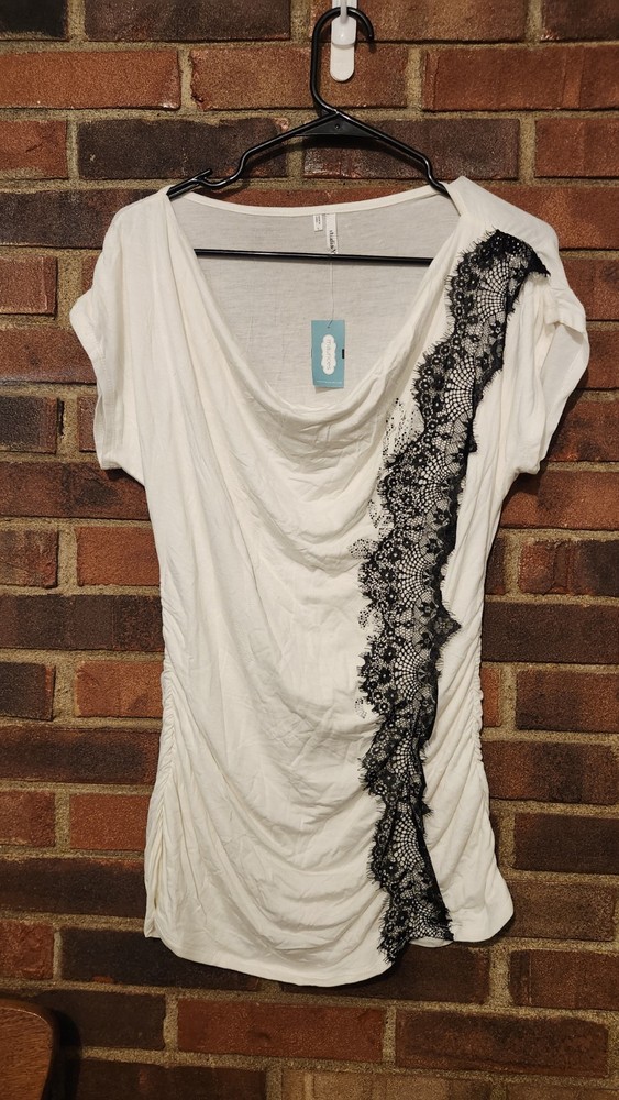 Maurice's studio Y White Black Lace Ruched Cowl Neck Short Sleeve Blouse L
