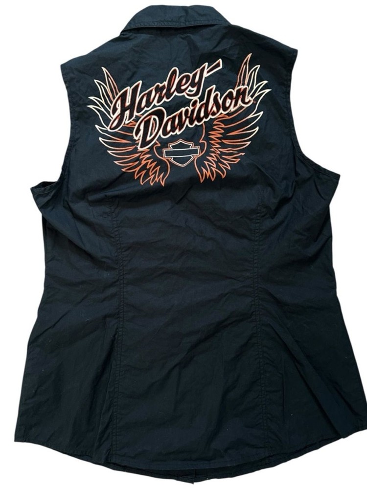 Harley-Davidson Black Sleeveless Button-Up Shirt Logo embroidered Vest women’s L