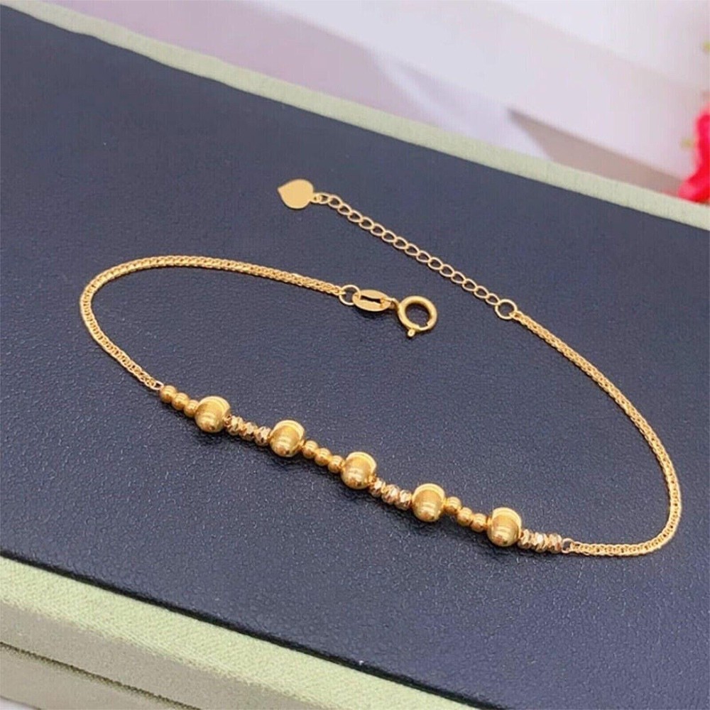 Pure 18K Yellow Gold Chain Women Carved Cat\'s Eyes Beads Wheat Link Bracelets