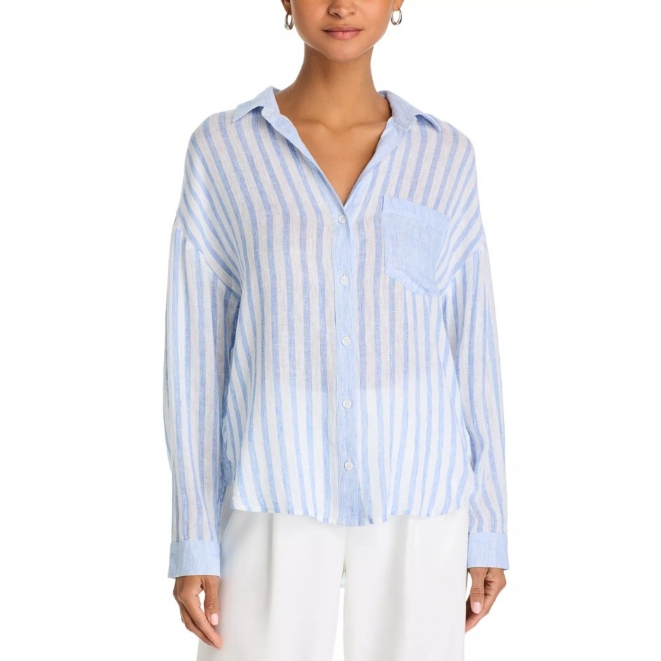 Bella Dahl Women Pastel Blue Striped Linen Boyfriend Button Down Shirt Size M