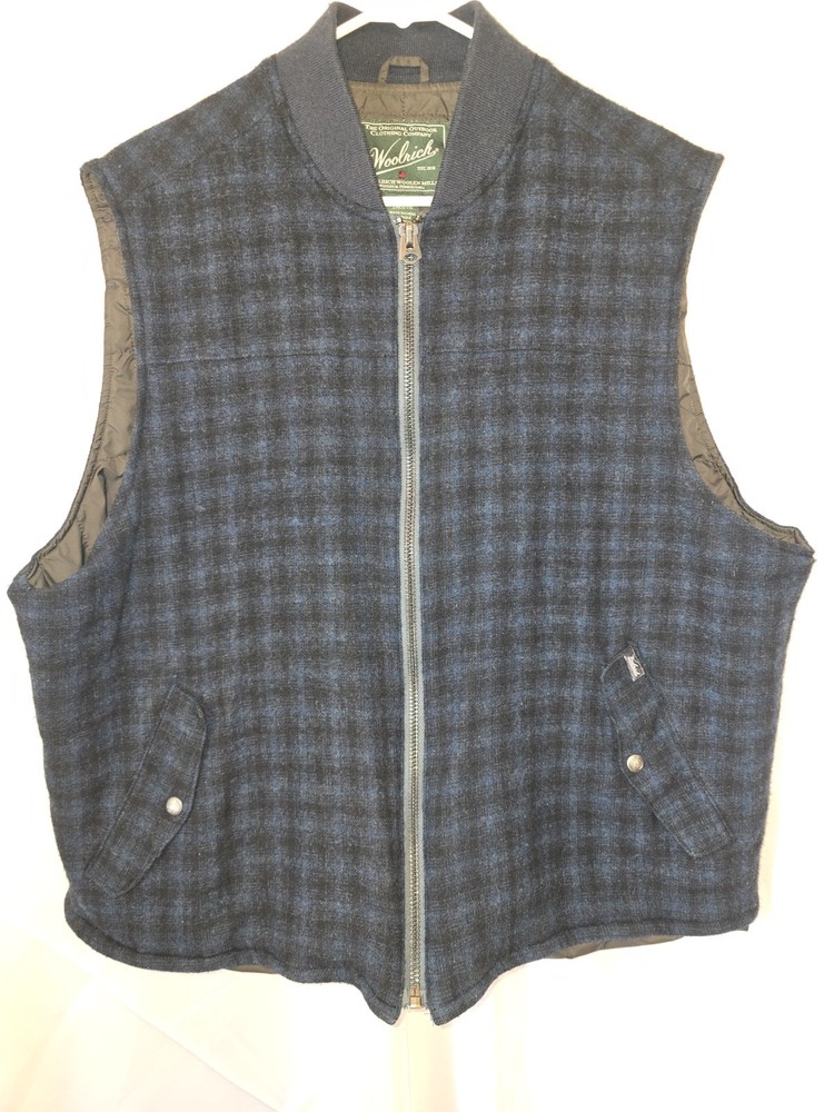 Woolrich men's blue plaid full-zip wool vest.