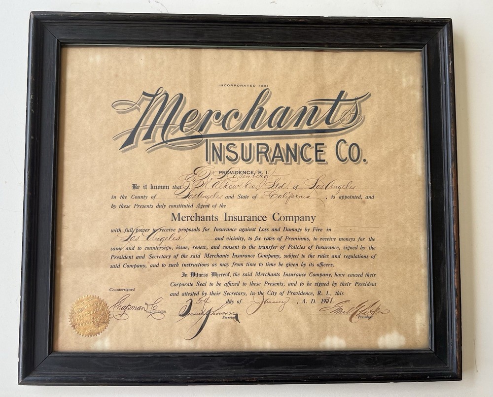 Antique 1931 Merchants Insurance Co Agent Certificate Los Angeles Framed WallArt