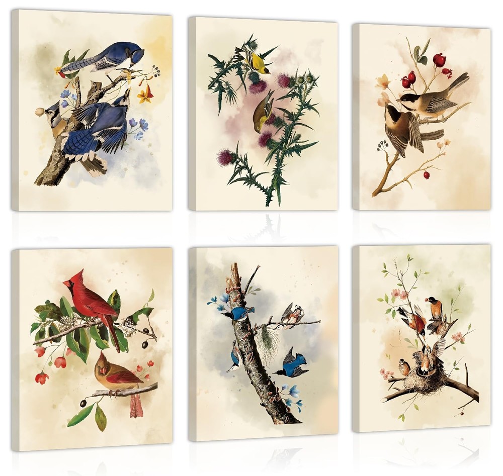 Vintage Bird Framed Canvas Wall Art, Spring Birds Illustration, Nature Wildli...