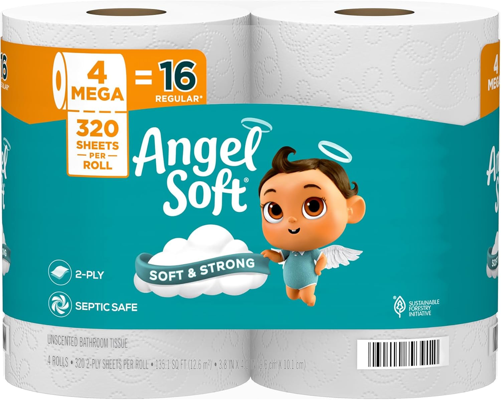 Toilet Paper, 4 Mega Rolls = 16 Regular Rolls, Soft and Strong Toilet Tissue