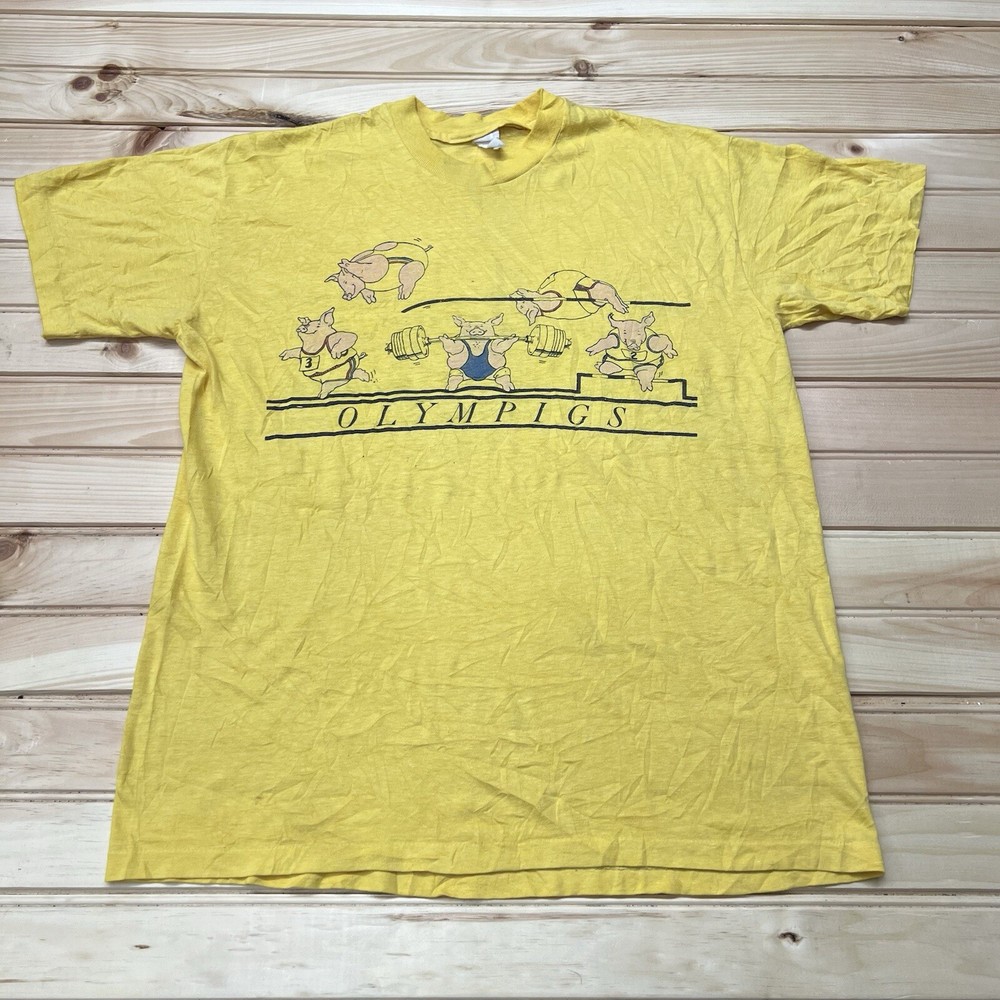 Vintage 80s 1984 LA Olympic Games Pig Art Cartoon Shirt Size XL