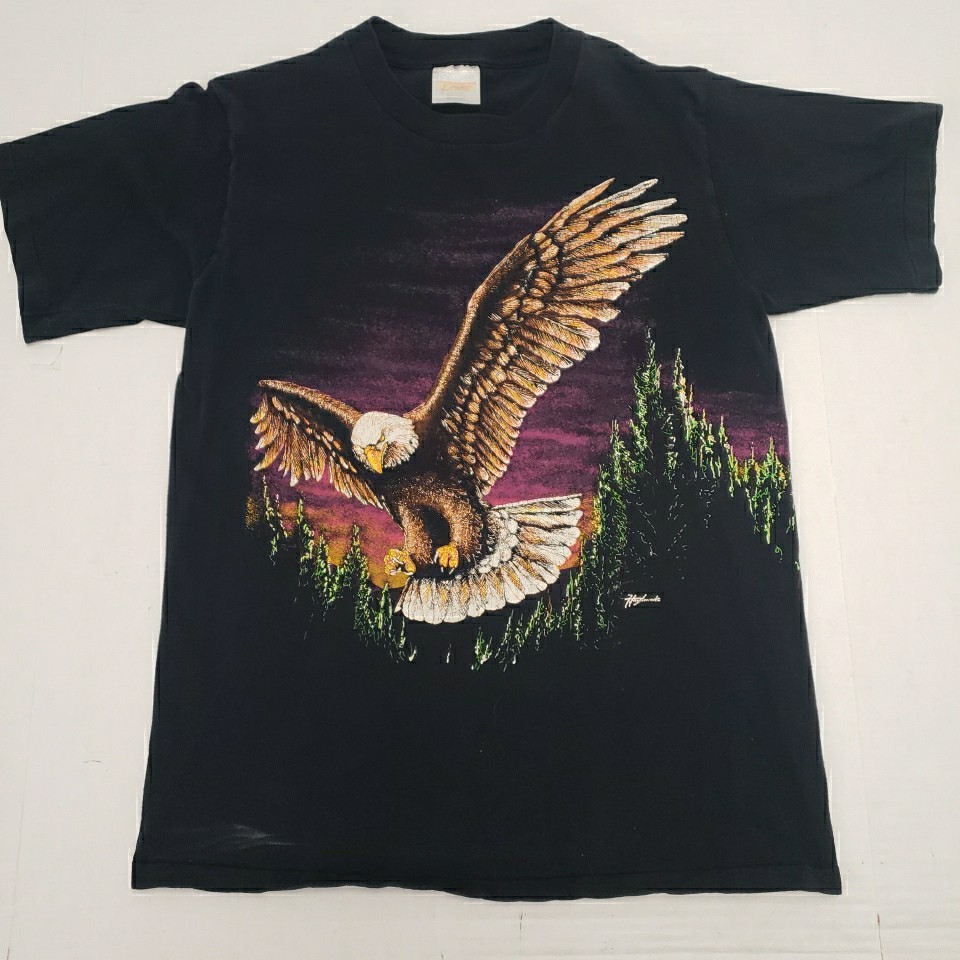 VTG 90s Hazelwood Eagle T-Shirt Mens Medium Black Single Stitch 2 Sided AOP USA