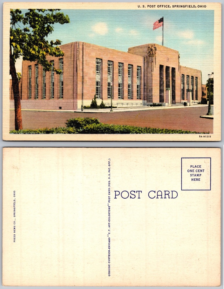 US Post Office Springfield Ohio Art Deco Building Flag Postcard