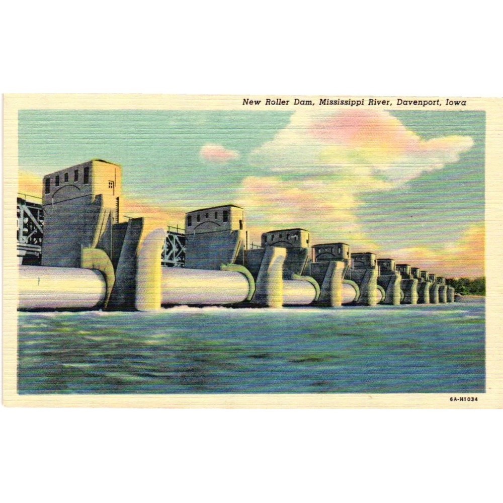 Vintage New Roller Dam Mississippi River Davenport Iowa Linen Postcard 6A-H1034