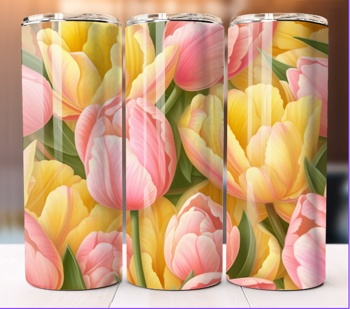 20oz Skinny Tulips Floral Bloom Pattern Tumbler Mug with Lid and Straw