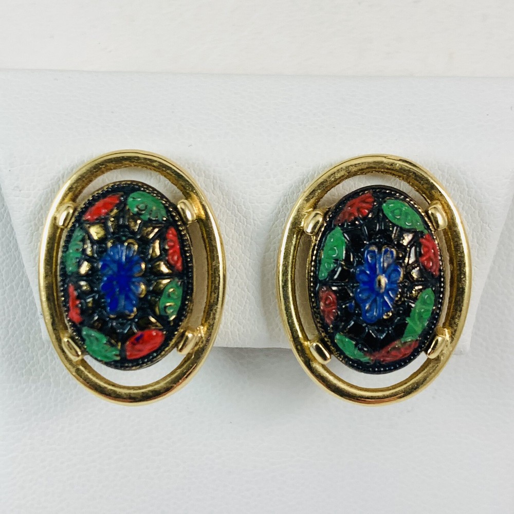 Vintage 1968 Sarah Coventry Unsigned Enameled Faux Mosiac Style Clip on Earrings