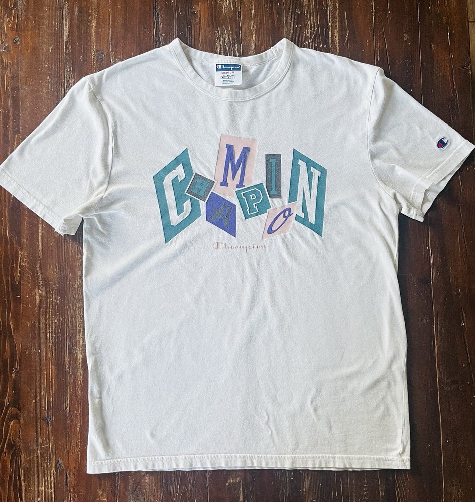 Champion Men's M White Crew Neck Short Sleeve Cotton Knit Logo Graphic T-Shirt