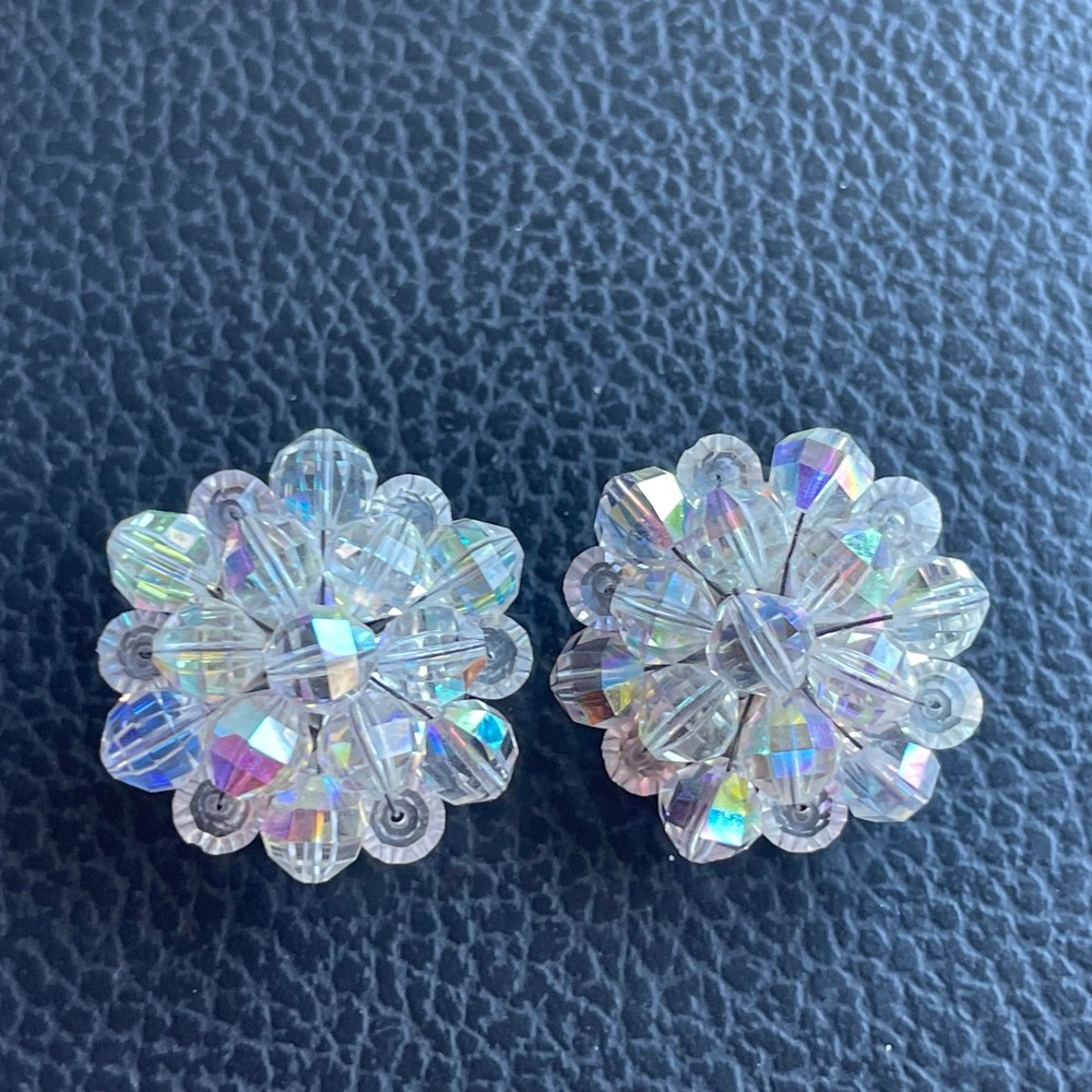 Vintage Aurora Borealis Crystal Cluster Clip On Earrings Iridescent Floral