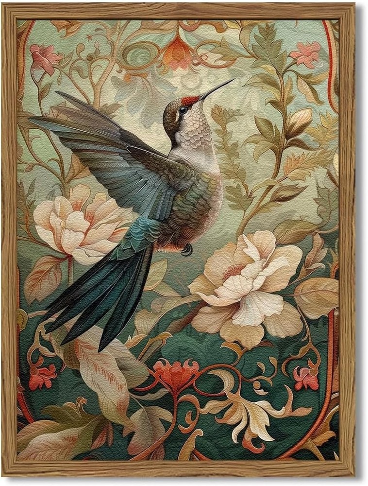 Framed Vintage Hummingbird Wall Art, Floral Bird Wall Decor Paintings, 3D Sandst