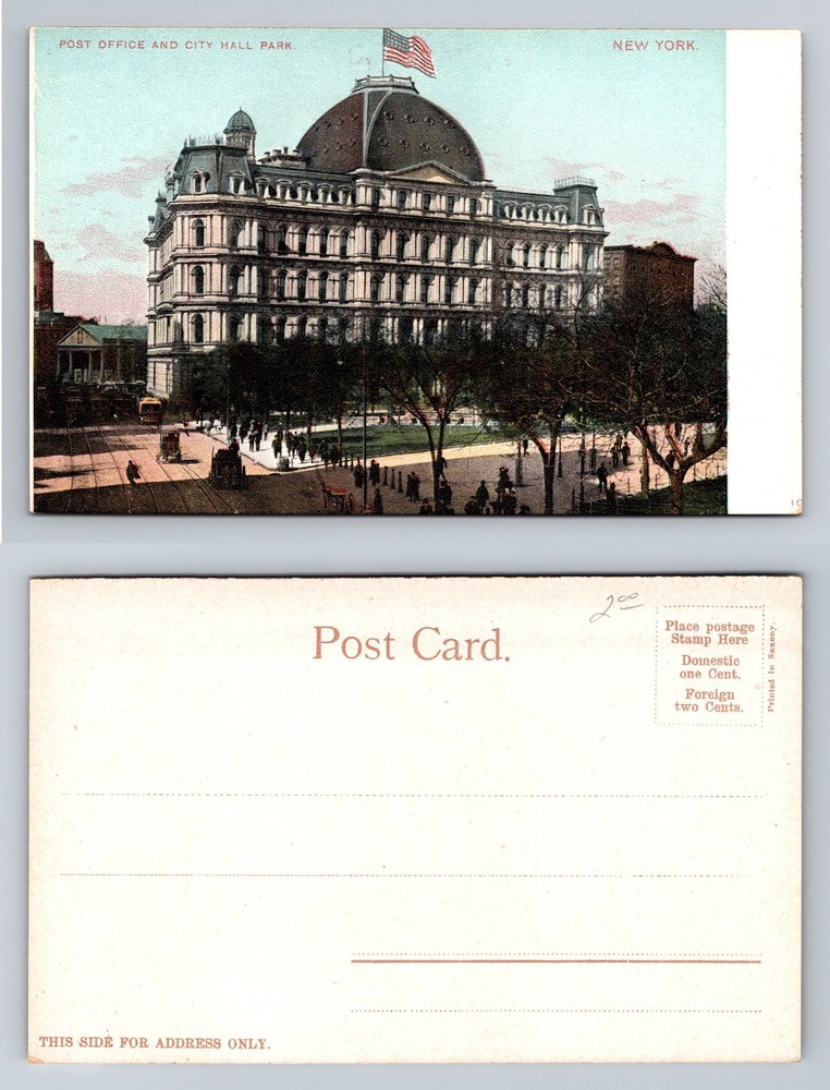 New York City NY, Post Office and City Hall Park Street Vintage Postcard