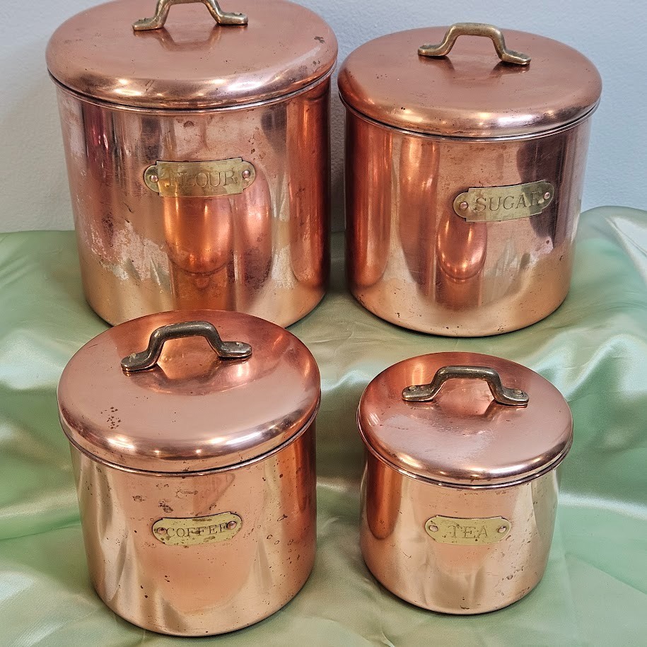 Vintage Copper Brass 4 Canister Set with Lids Nesting Flour Sugar Coffee Tea