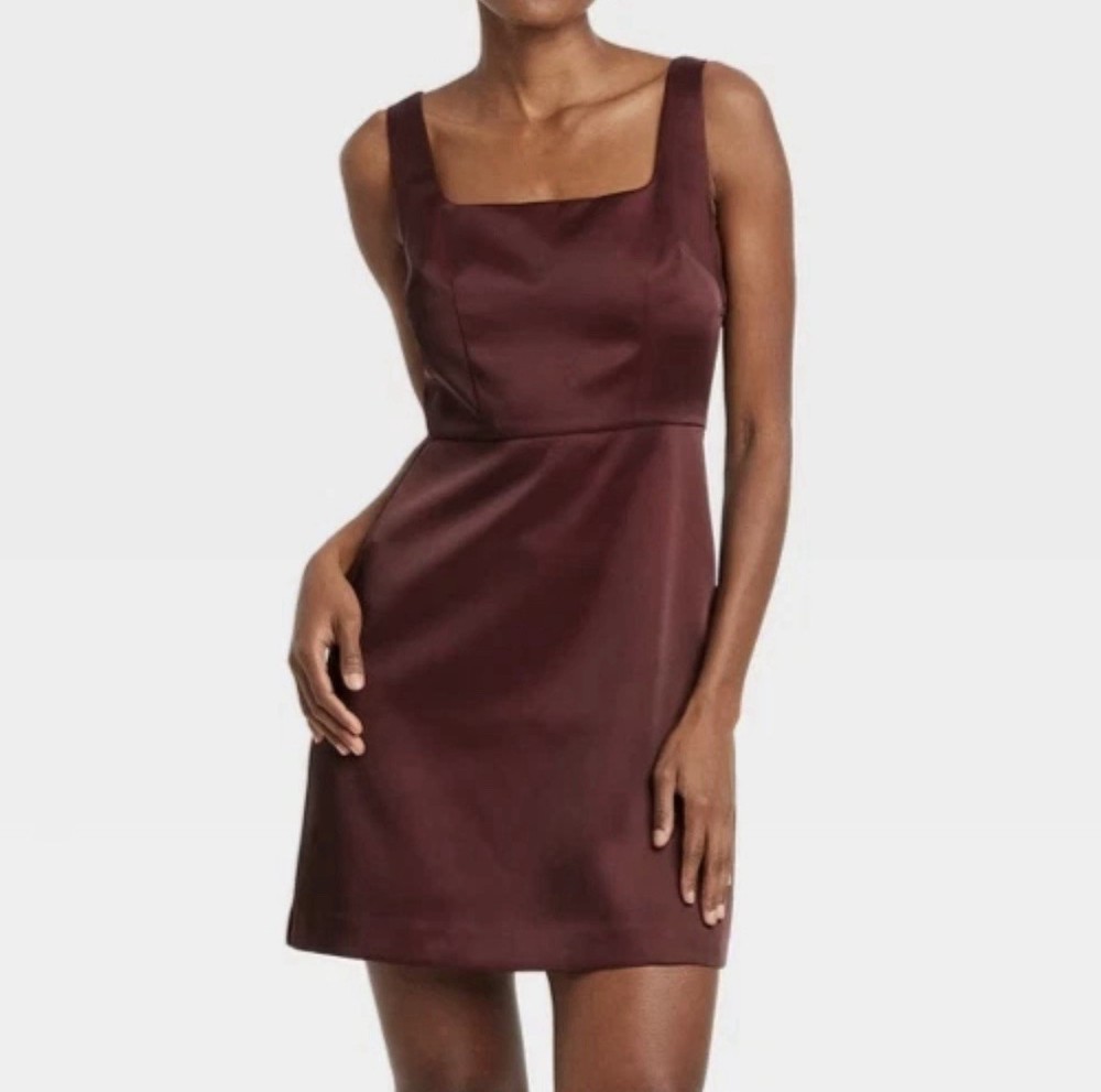 Women's Heavy Satin Mini Dress A New Day Burgundy Size 16, Square Neck