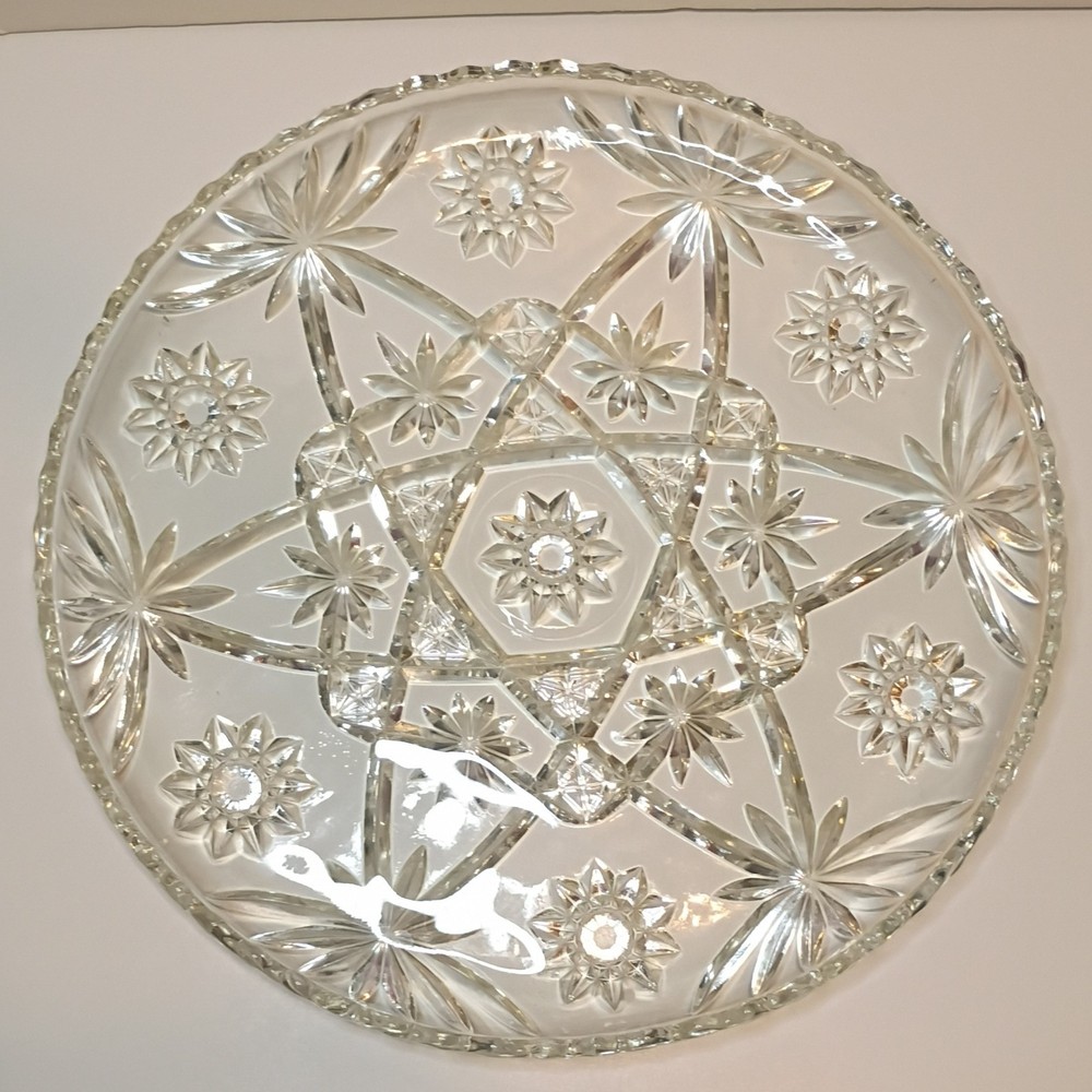 Clear Pressed Glass Decorative Plate Starburst Pattern Round Glossy