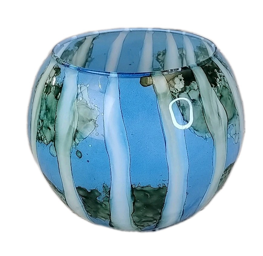 Vintage Art Glass, Hand Blown Rose Bowl Vase, Blue Green Watercolor 5.5