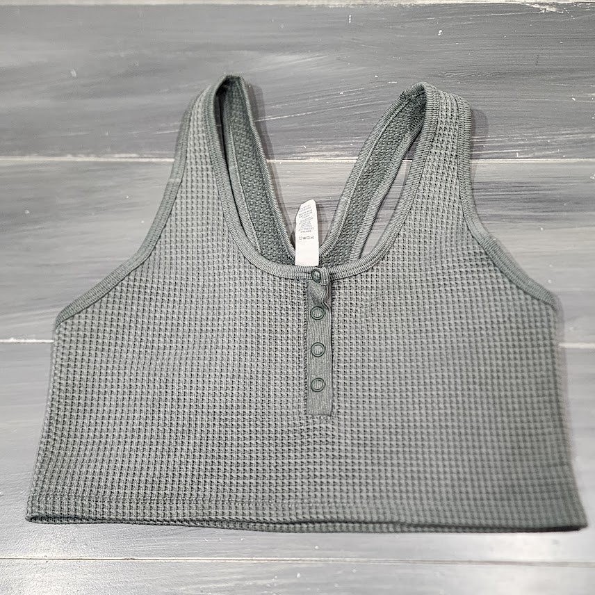Aerie Offline Recharge Waffle Knit Cropped Henley Tank Top Medium Green