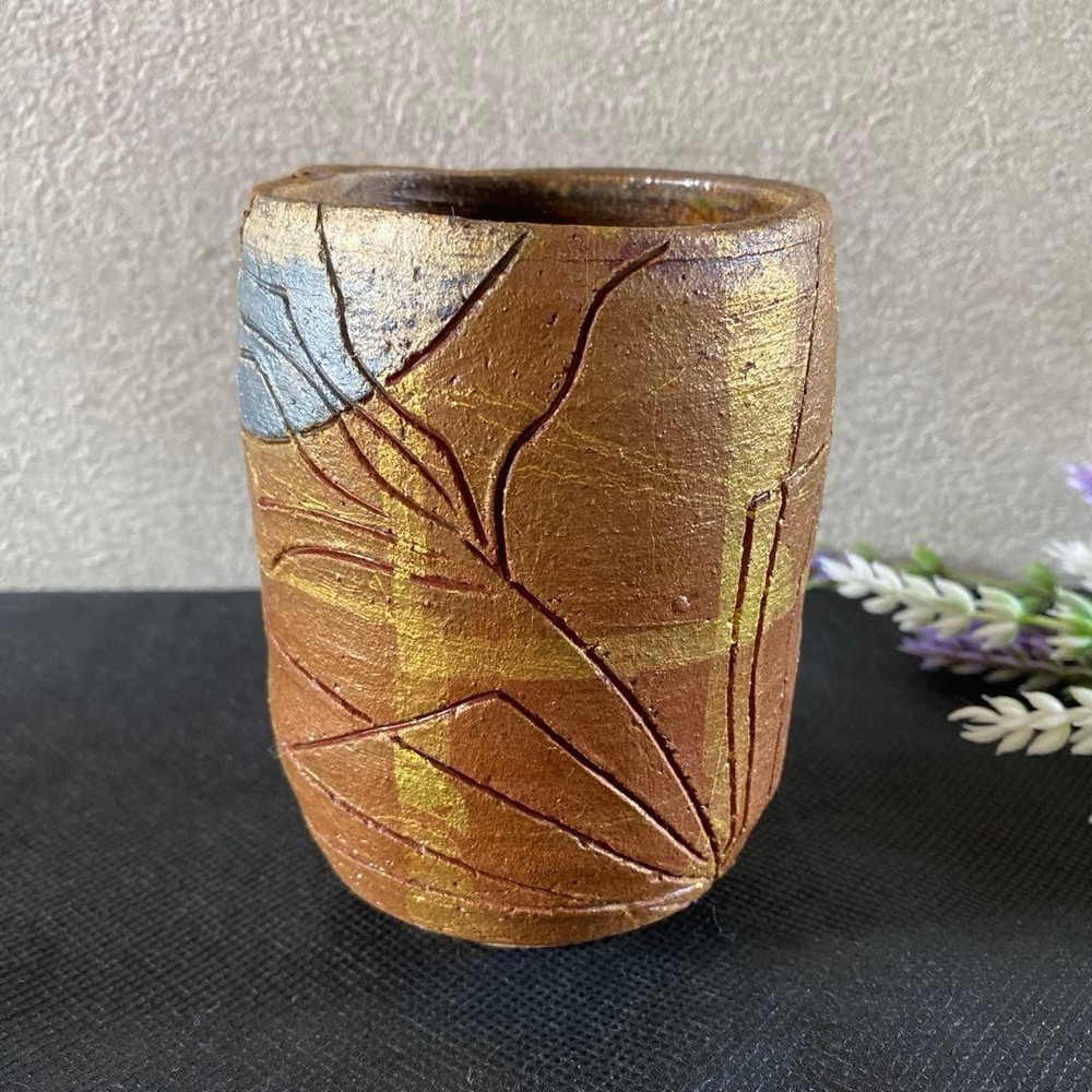 Bizen-yaki Teacup Unglazed Ceramic Gold Silver Sky Artist's Pottery