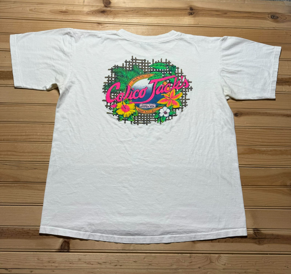 Vintage 80s 90s Calico Jack's Seafood Oyster Bar Tropical Souvenir Shirt Size XL