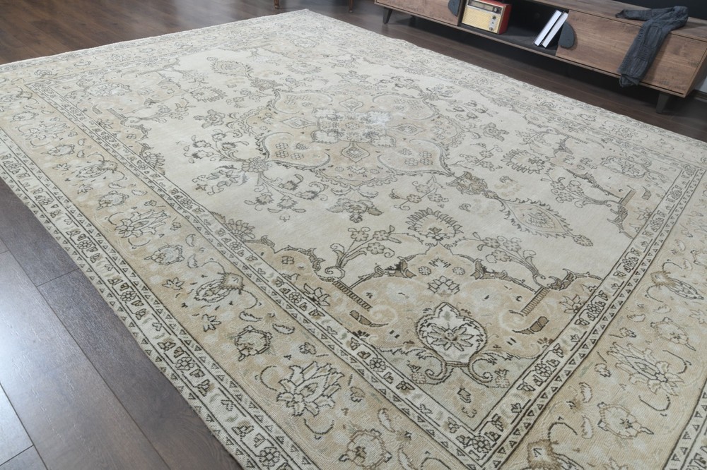 9.5x12.5 ft Floral Vintage Turkish Oushak Rug, Beige Bohemian Handmade Wool Rug