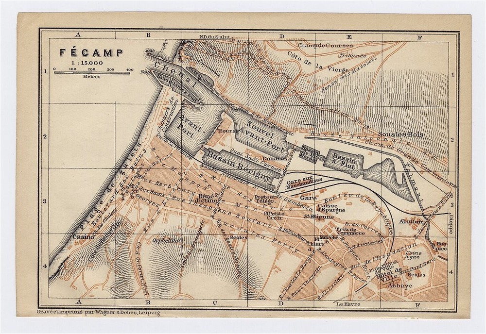 1919 Original Antique City Map Of Fecamp / Normandy Normandie / France