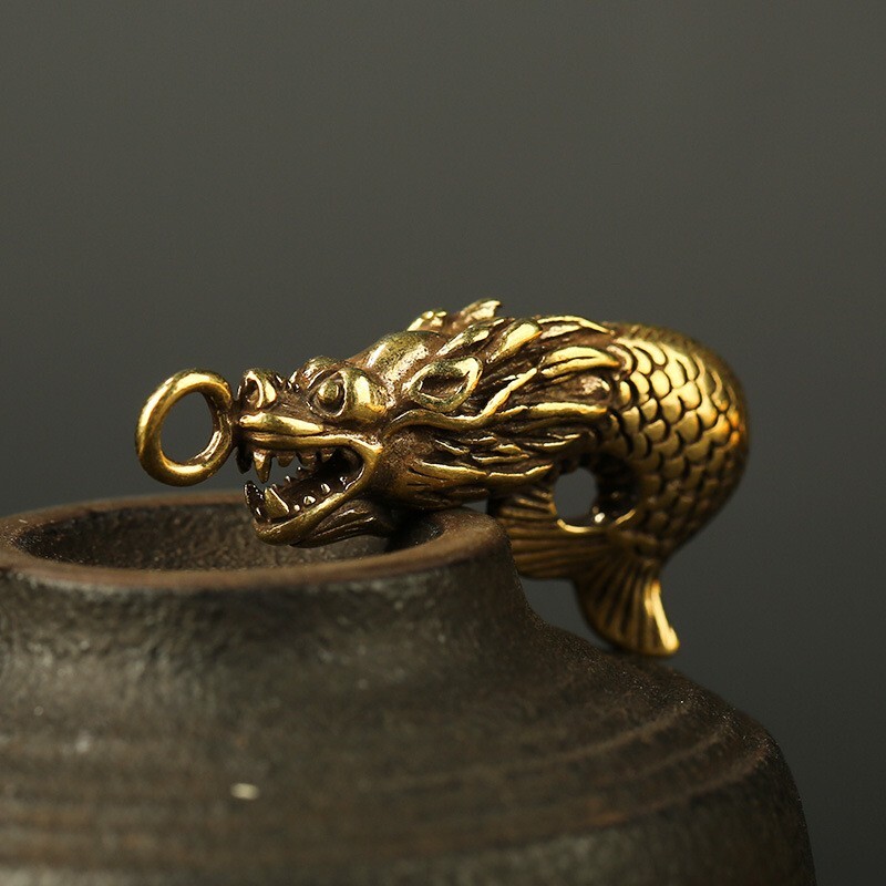Pure Brass Dragon Head Fish Key Ring Pendant Key Chain Pendant Miniature Craft
