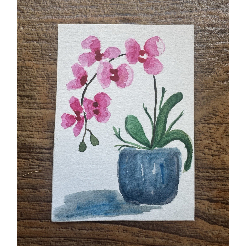 ACEO Original Watercolor Painting blooming Pink Orchid Floral by BananahGrace