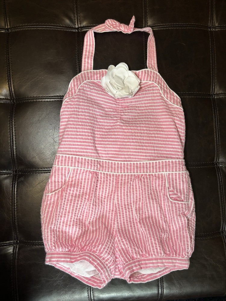 Janie and Jack Girls Size 4 Pink White Seersucker Halter Romper One Piece Shorts