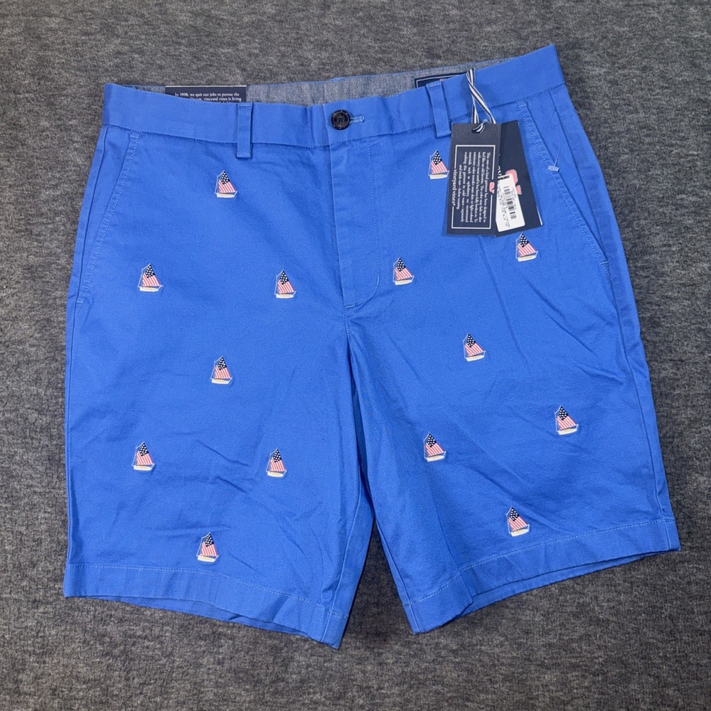 Vineyard Vines Men Breaker Short USA Flags Sailboat Tide Blue Sz 32 NEW $89