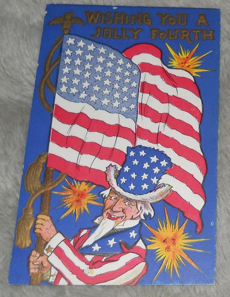 Wishing You A Jolly Fourth , Uncle Sam And 48 Star Flag 1912 Postcard T9