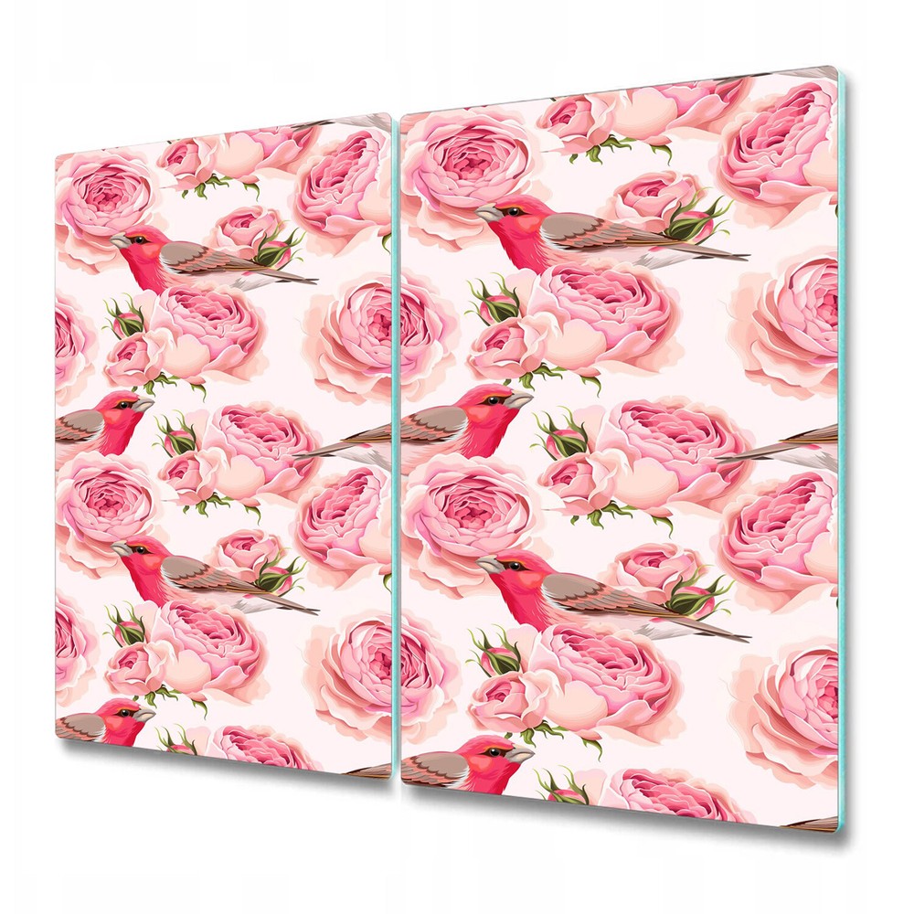 Glass Chopping Serving Board Utensil Floral birds pink and white 2x30x52