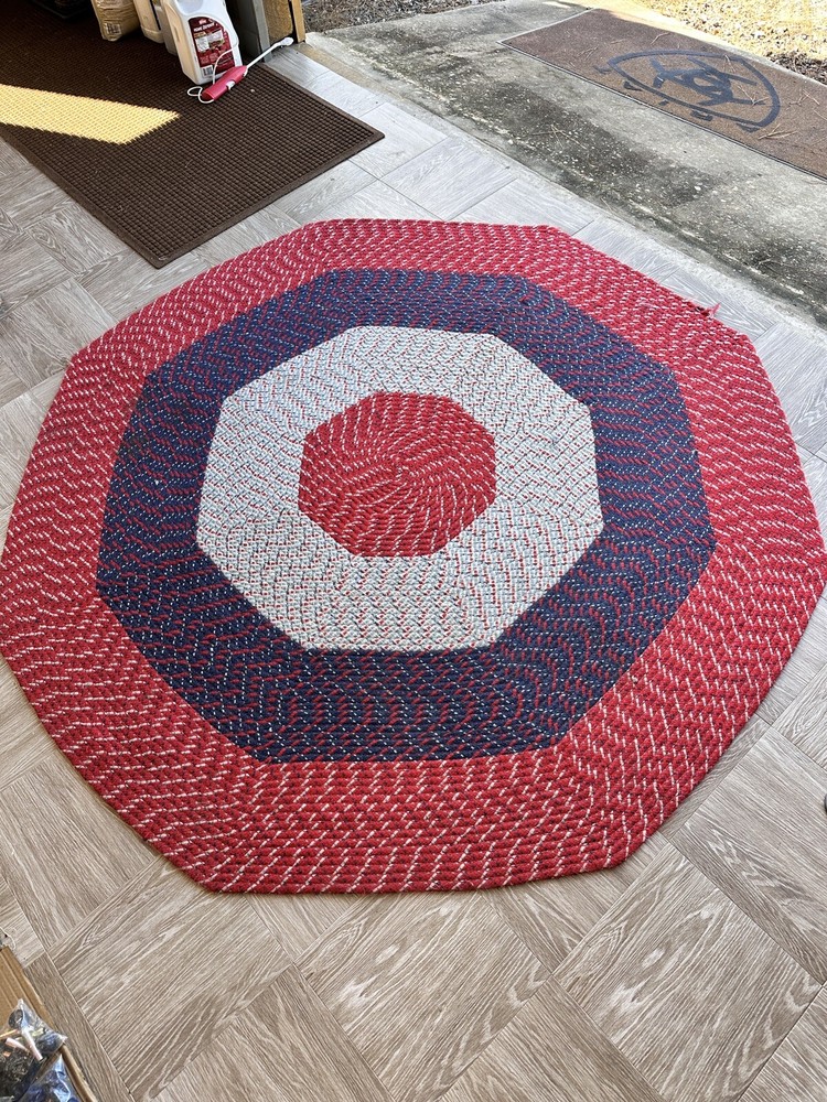 Octagon Wool Braided Rug Red White & Blue Navy 6’