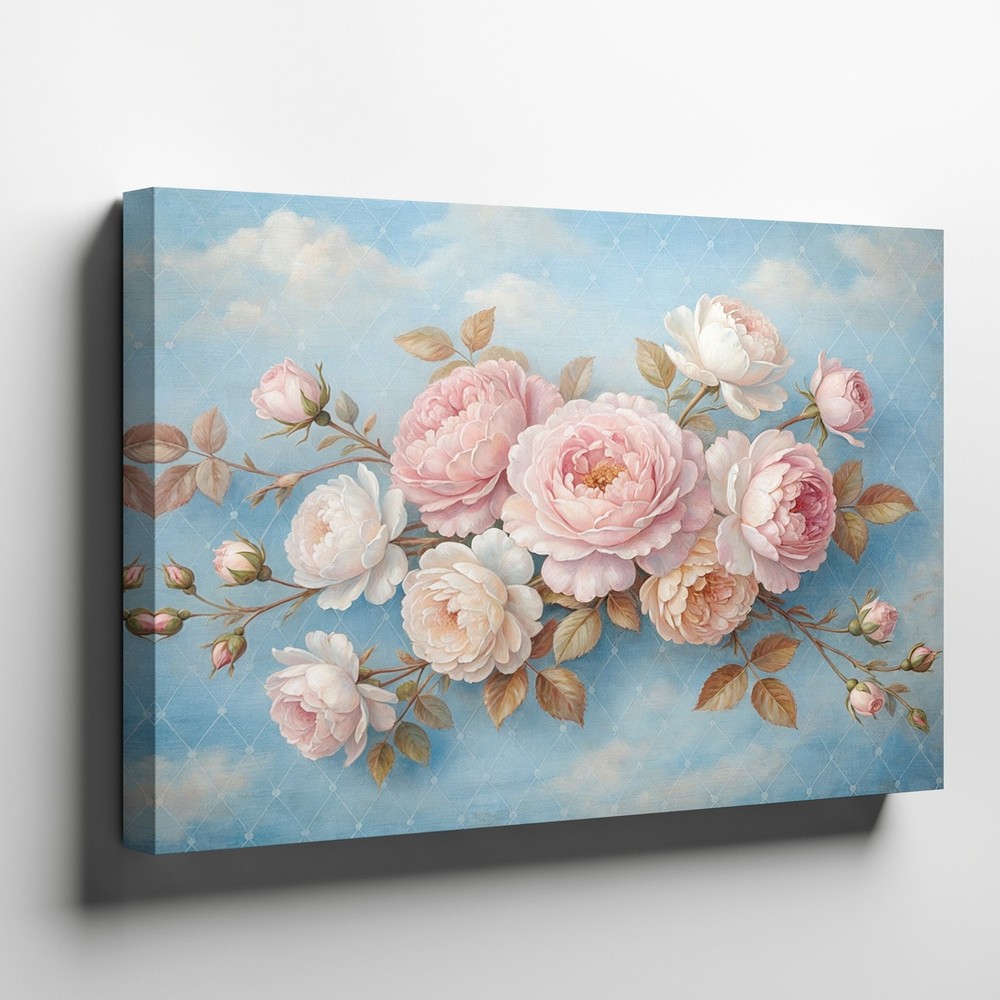 Pink and white peony flowers with green leaves floral canvas wall art print