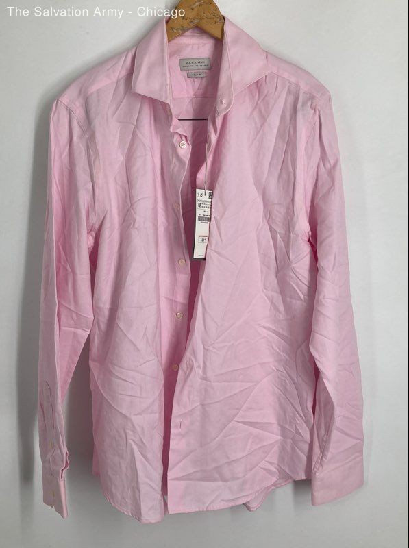 Zara Mens Pink Cotton Long Sleeve Slim Fit Button-Up Shirt Size Medium