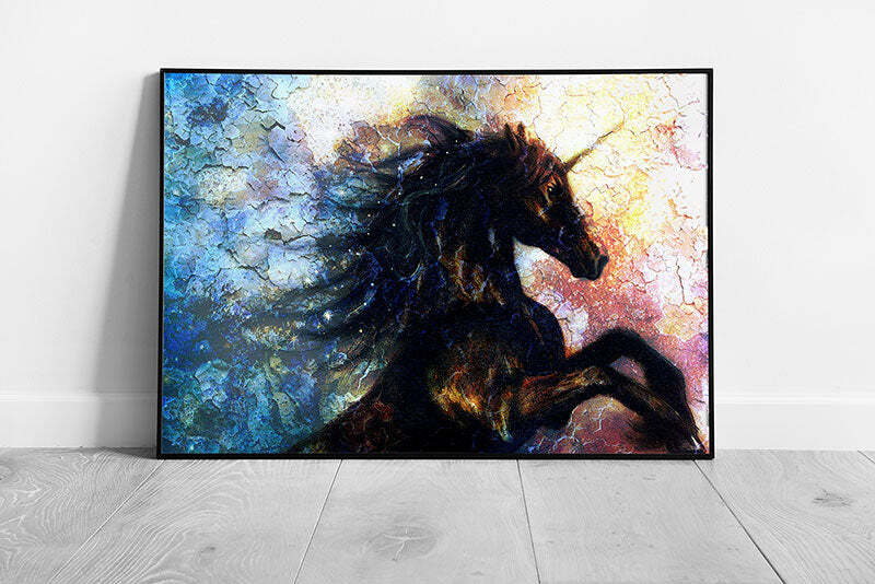 Crackling Effect Black Dancing Unicorn Painting Wall Art Print on Paper Framed