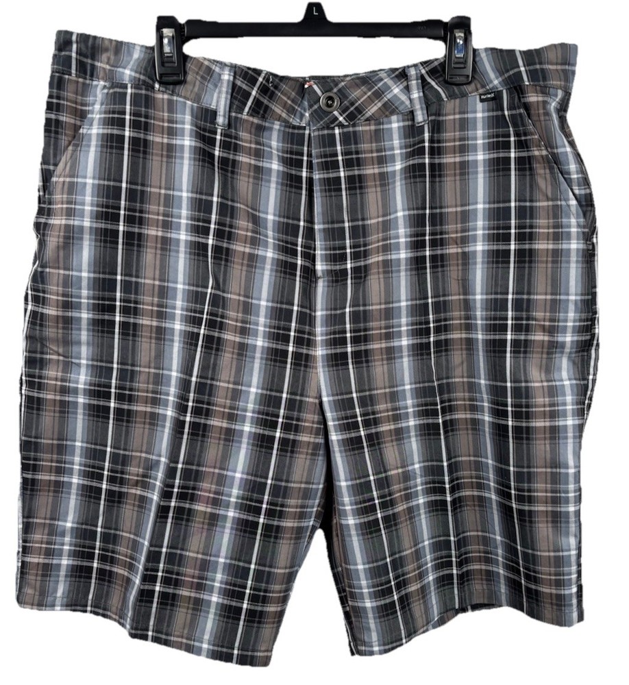 Hurley Shorts Men’s 38 Plaid Chino Gray Black Casual Flat Front Pocket Golf
