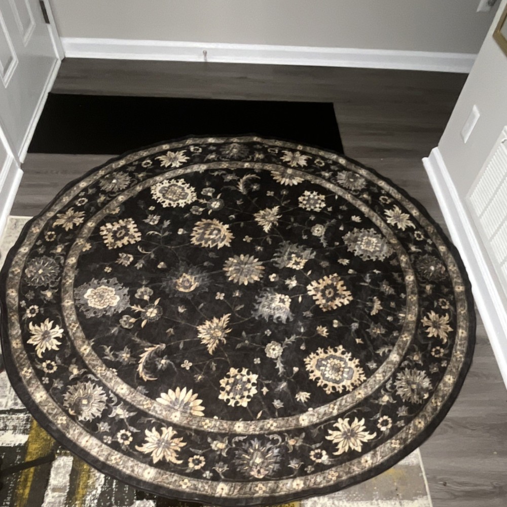LuxRug Round Floral Area Rug Black Beige Cream Polyester Adults Floral Pattern