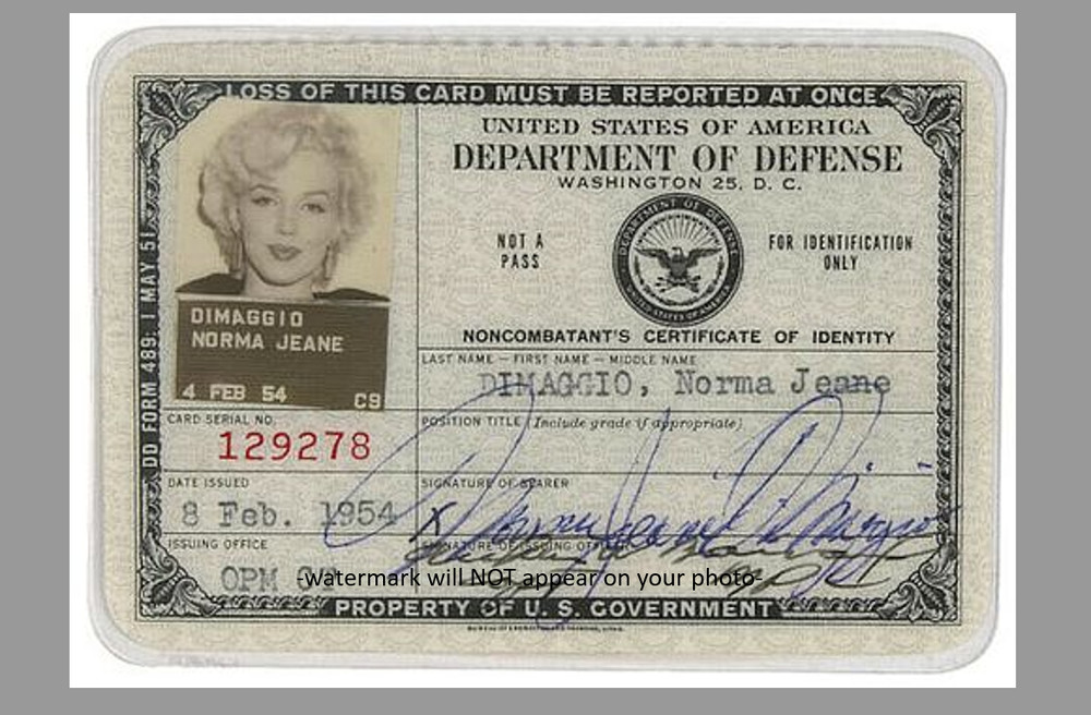 Marilyn Monroe Government ID Badge PHOTO 5x7 Card Signed Repro DOD USO Tour Star