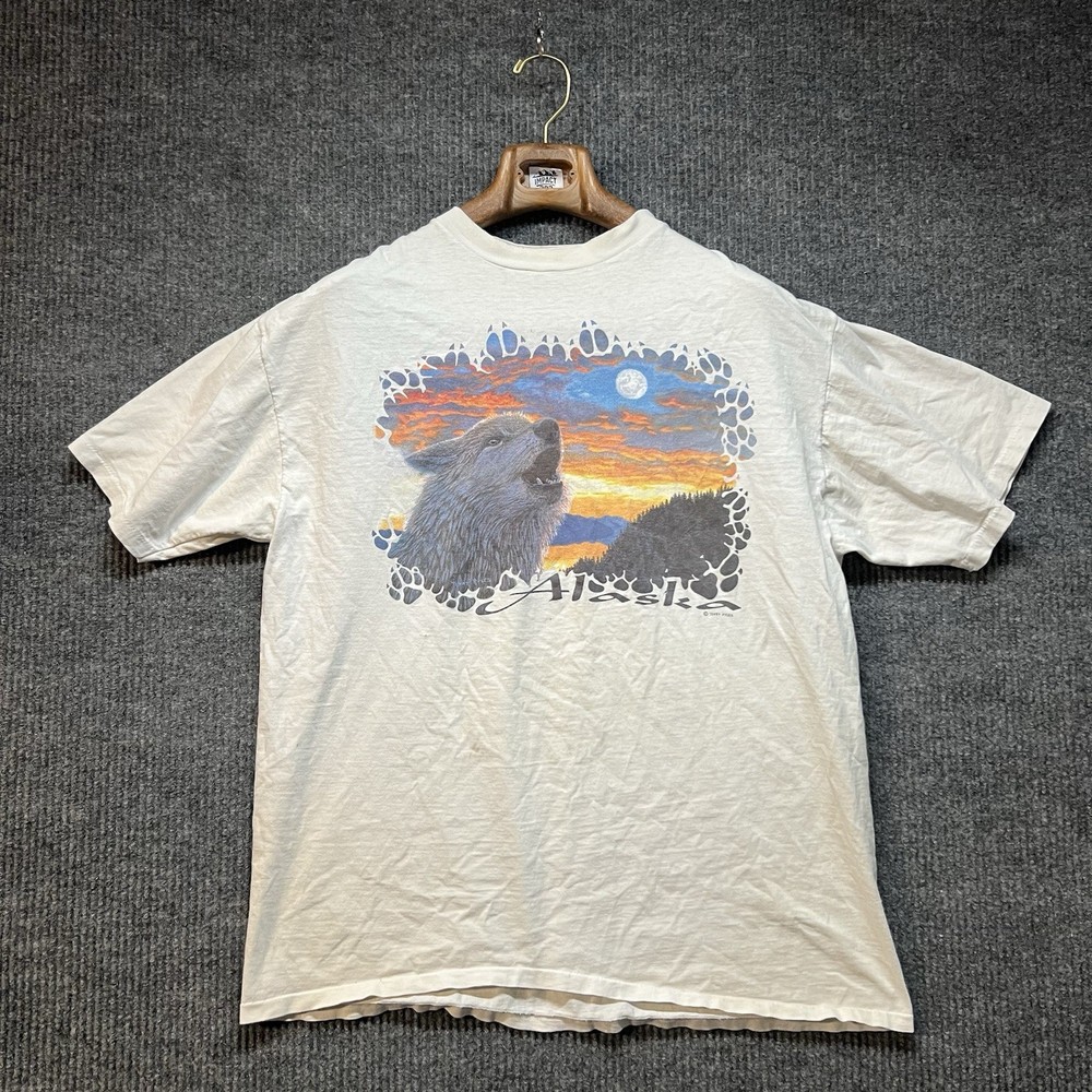 Vintage Alaska Wolf Nature Graphic Shirt Men’s XL White Single Stitch 90s