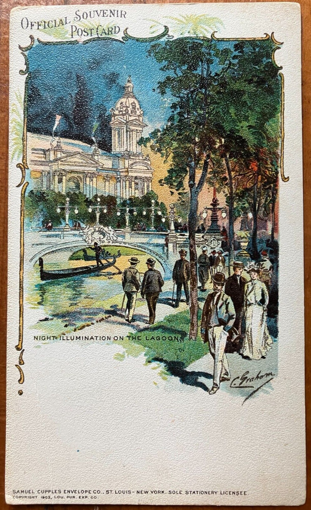 Antique postcard: 1904 World's Fair Night on the Lagoon, St. Louis, MO, unposted