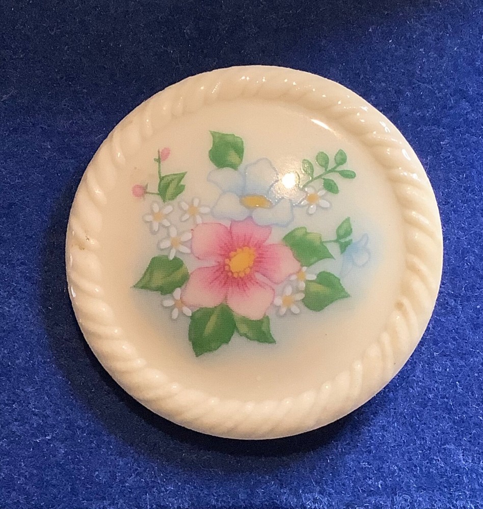 Vintage Ceramic Stamped Avon Round Floral Button Pin Brooch cream Pink Blue