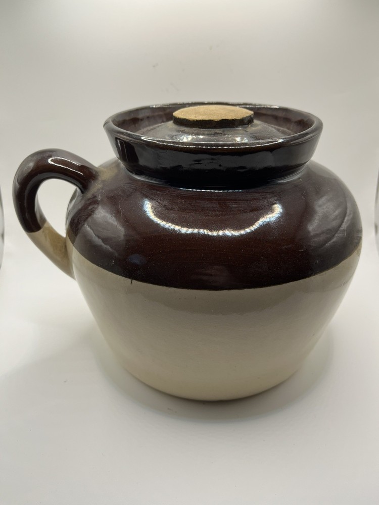 Vintage Stoneware Bean Pot Crock With Lid and Handle made in USA Brown & Tan
