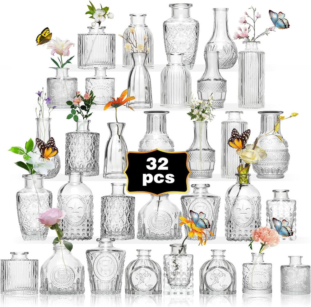 Glass Bud Vase Set of 32PCS Wedding Centerpieces for Tables,Mini Clear Bud Vases
