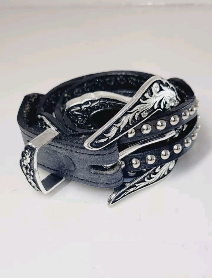 Womens Nocona Black Genuine Leather Belt Silver Studded Size 32